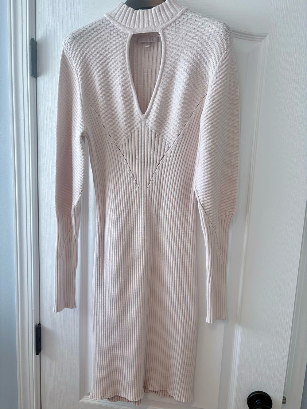 Guess Cream Ribbed Long Sleeve Keyhole Sweater Dress
